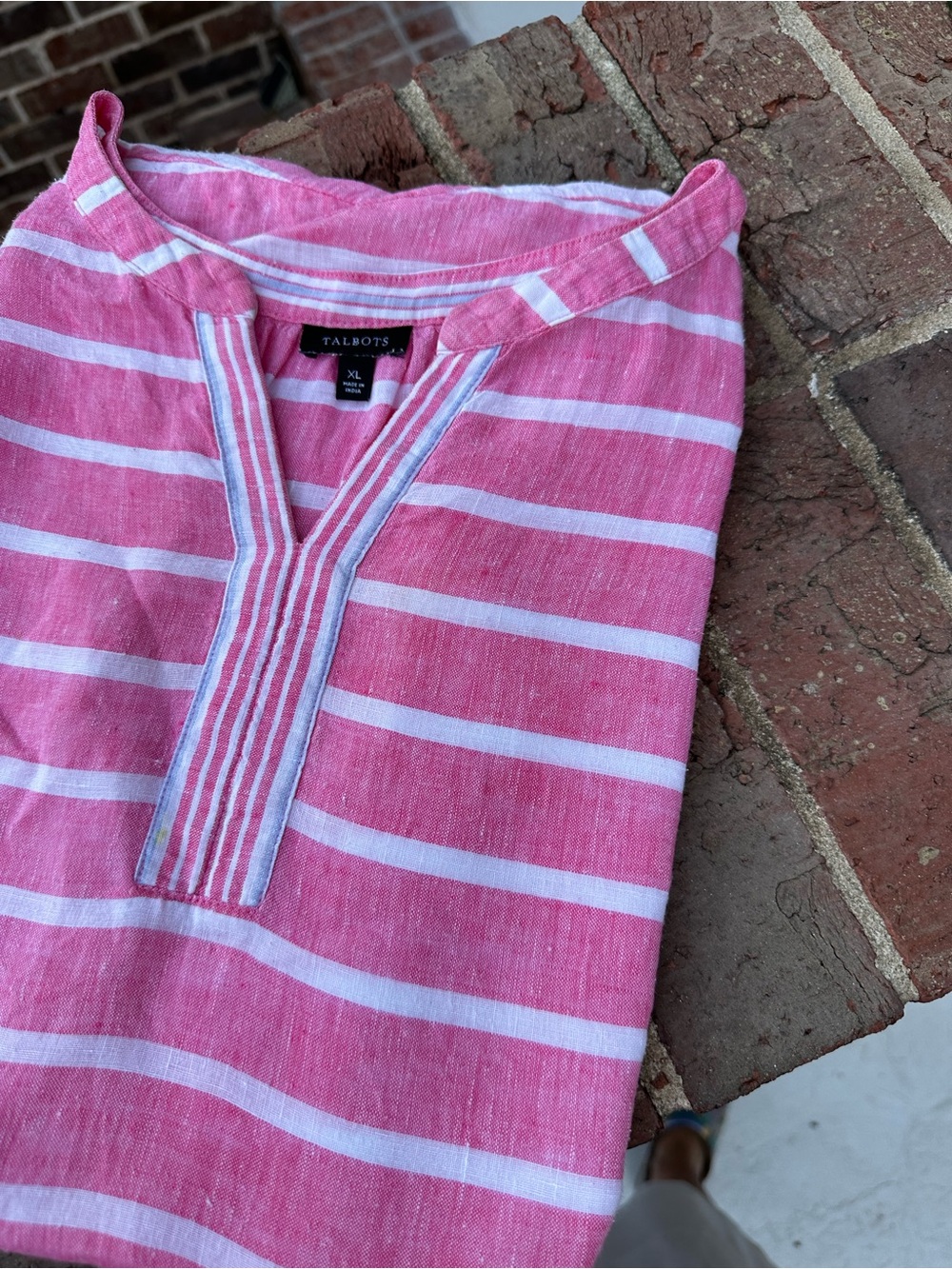 Talbots Pink and White Striped Linen-Blend Tunic Top